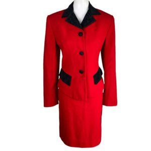 Evan Picone 2PC VTG Red Black Worsted Wool Velvet Collar Skirt Suit Size 8P